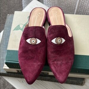 Burgundy Suede Eye Embroidered Mules